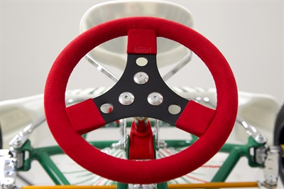 closeup of karting steering wheel on the TonyKart Micro from OTK